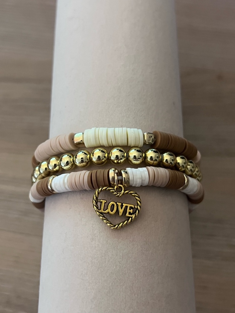 3 Piece Neutral Heishi Bead Bracelet Set Gold Bead LOVE Charm Stretch Clasp